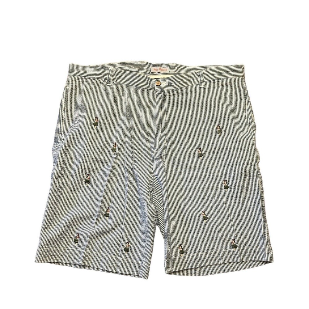 BARRY BRICKEN Mens Sz 38 Blue Striped Seersucker Embroidered Hula Girl Shorts